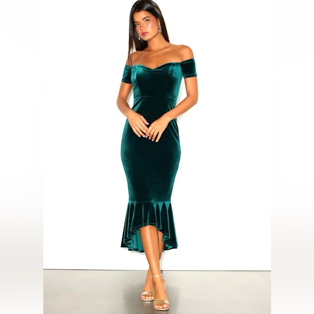 Lulus How Much I Care Dark Teal Velvet Off-the-Shoulder Midi Dress Medium NWOT - Picture 2 of 6